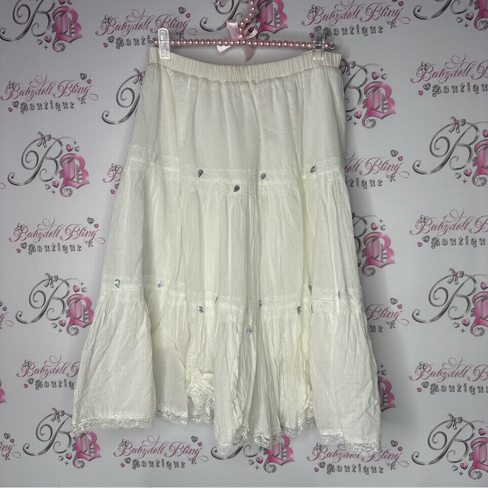 Bohemian White Skirt with Embellishments holographic silver sparkly cream